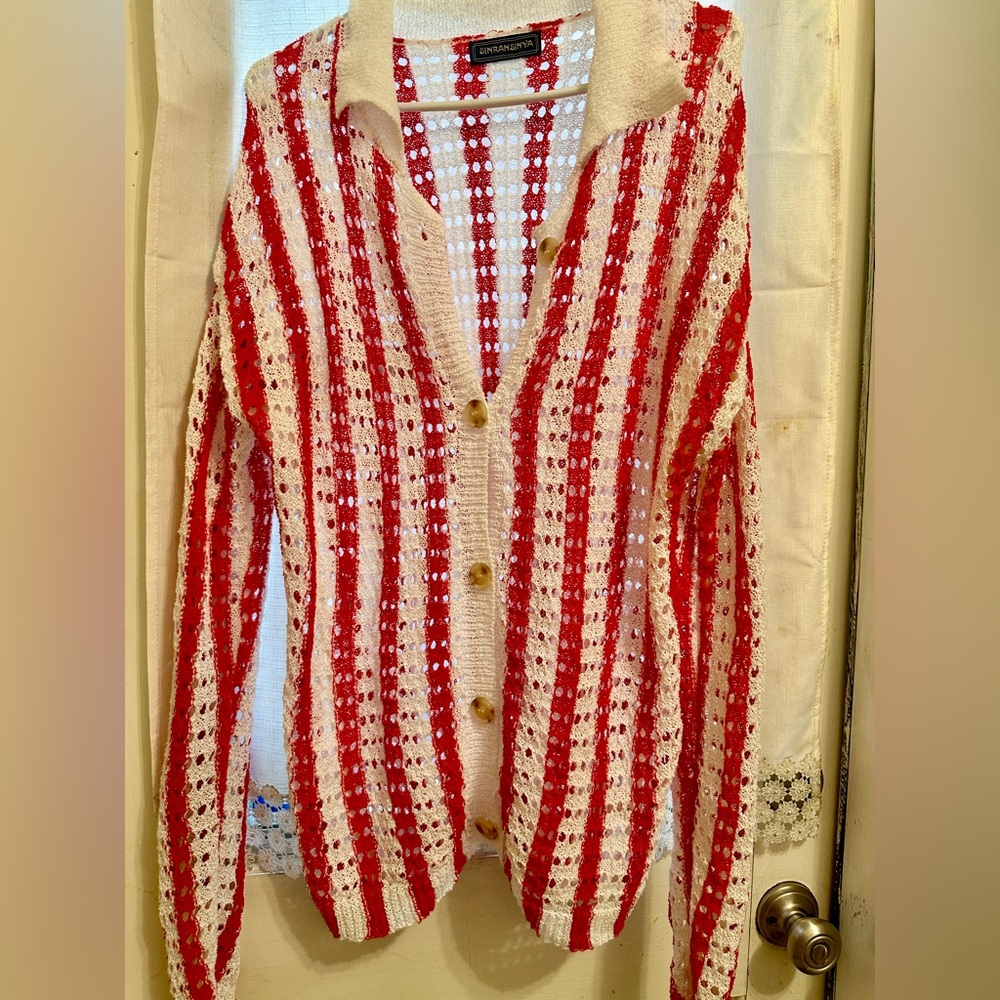 Red and White Striped Men's Cardigan